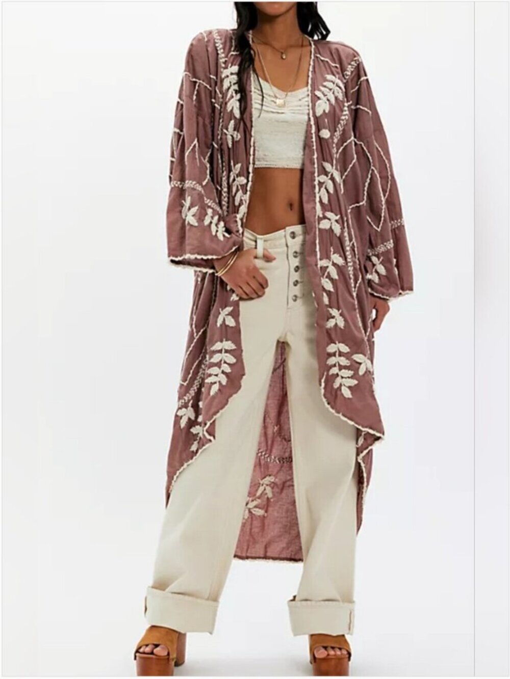 Free People Momo Magnolia Embroidered Daster Kimono Open Front size OS
